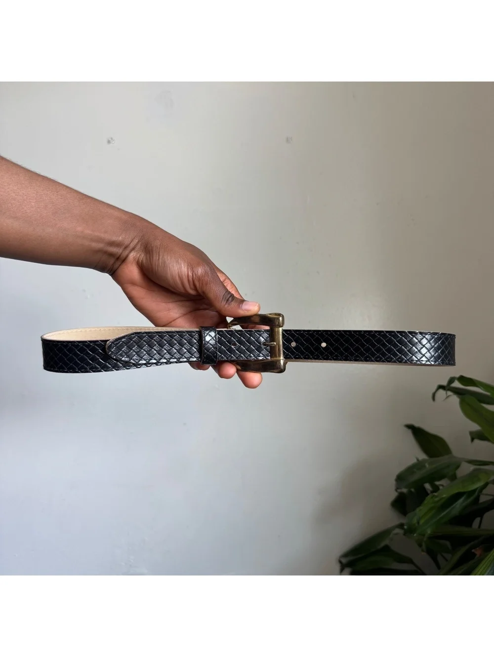 Vintage 90s Black Basketweave Belt with Chunky Gold Buckle Fits S-M